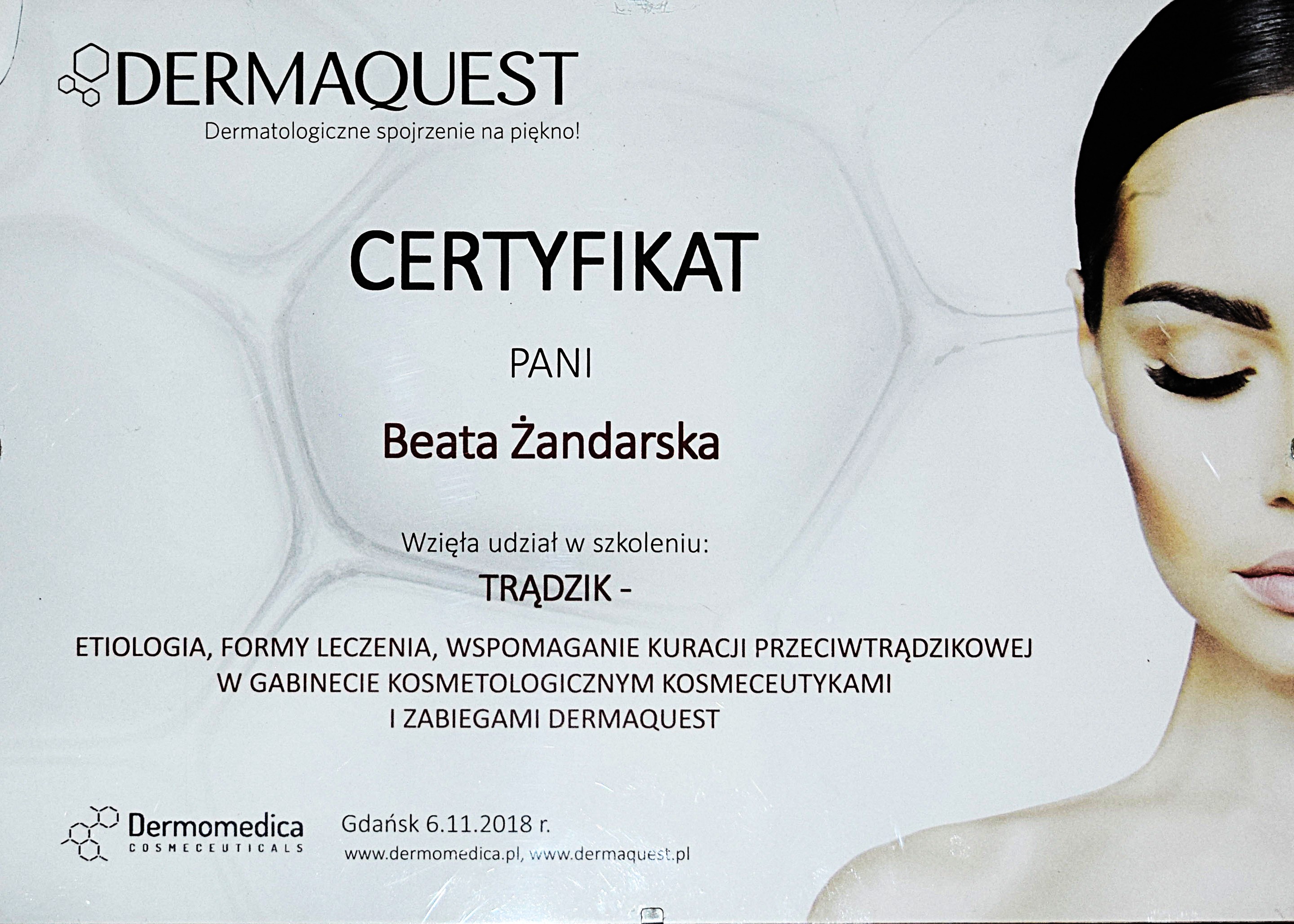 Certyfikat DermaQuest - terapia trądziku