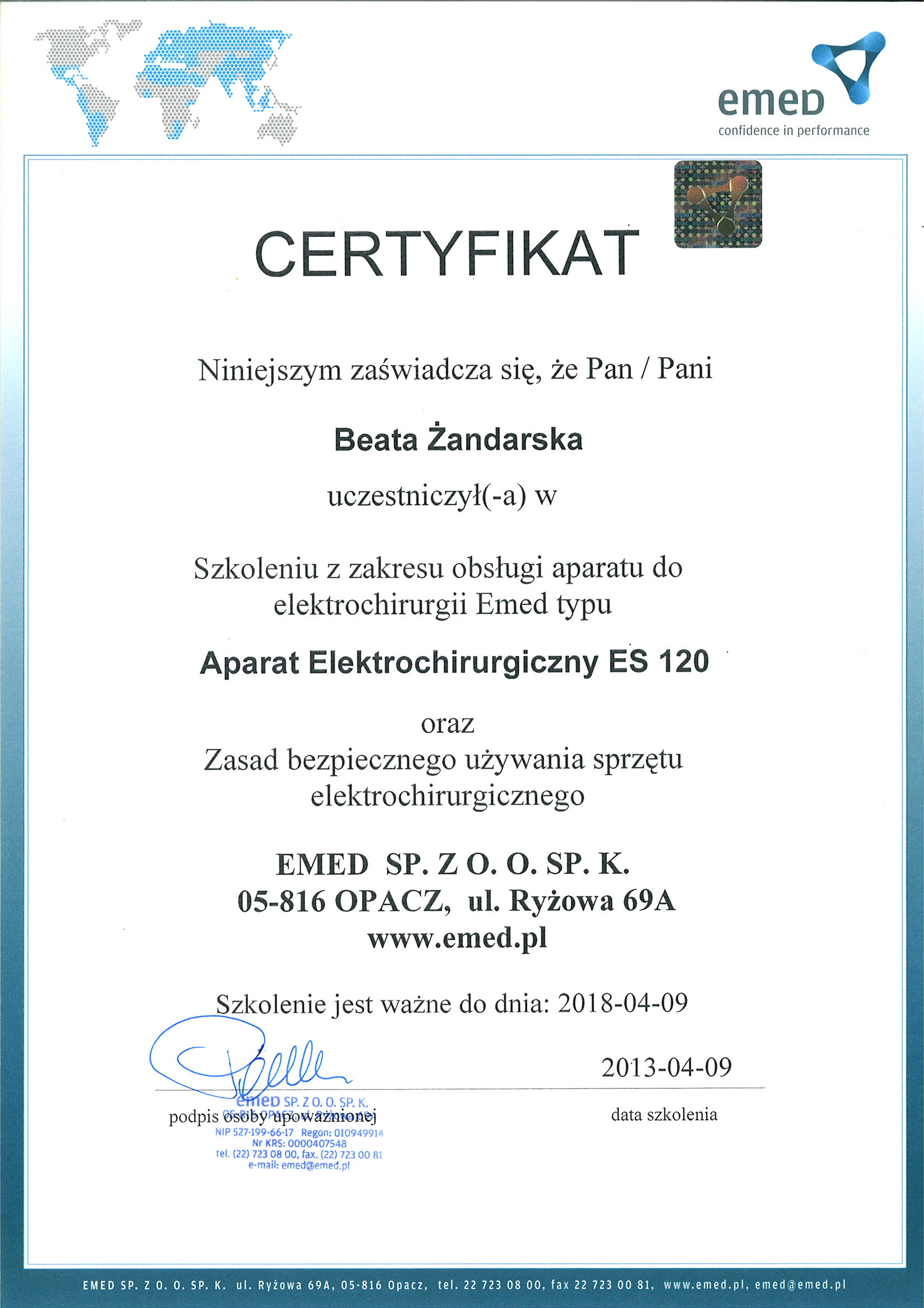 Certyfikat EMED - obsługa aparatu elektrochirurgicznego ES-120