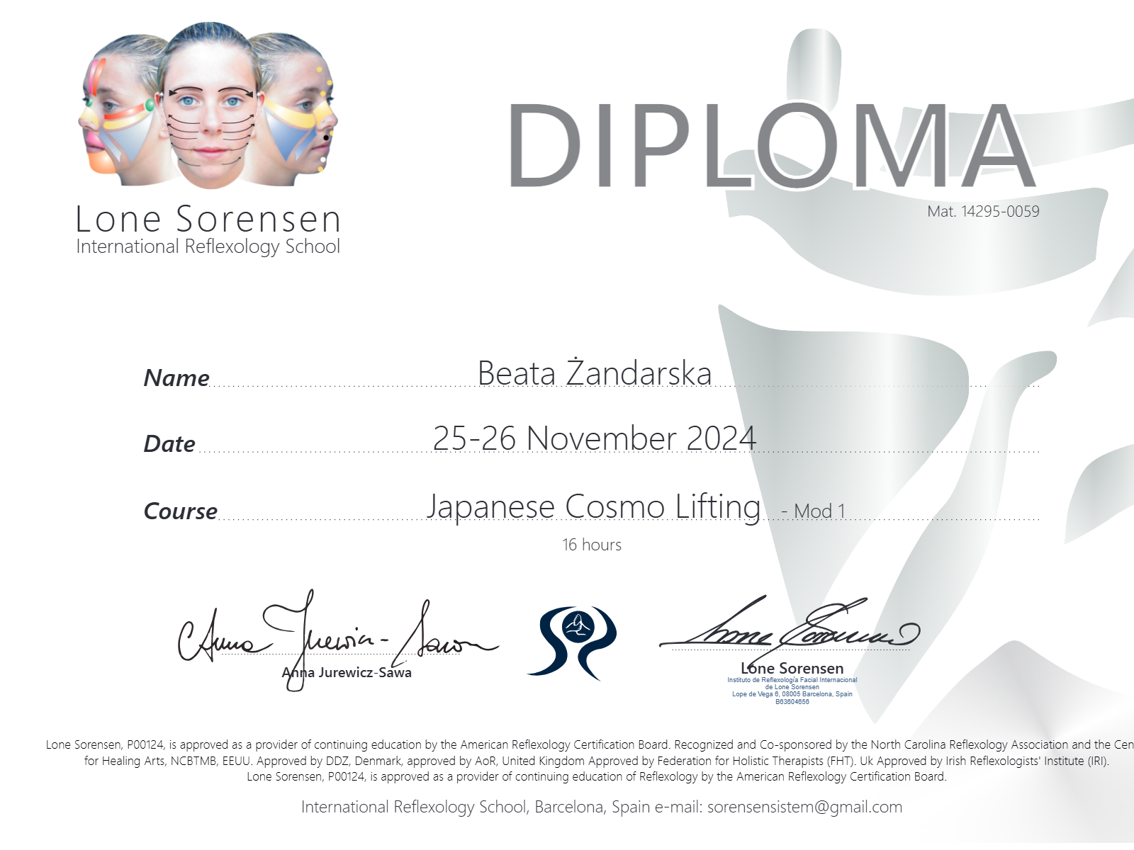 Dyplom Japanese Cosmo Lifting - Lone Sorensen International Reflexology School