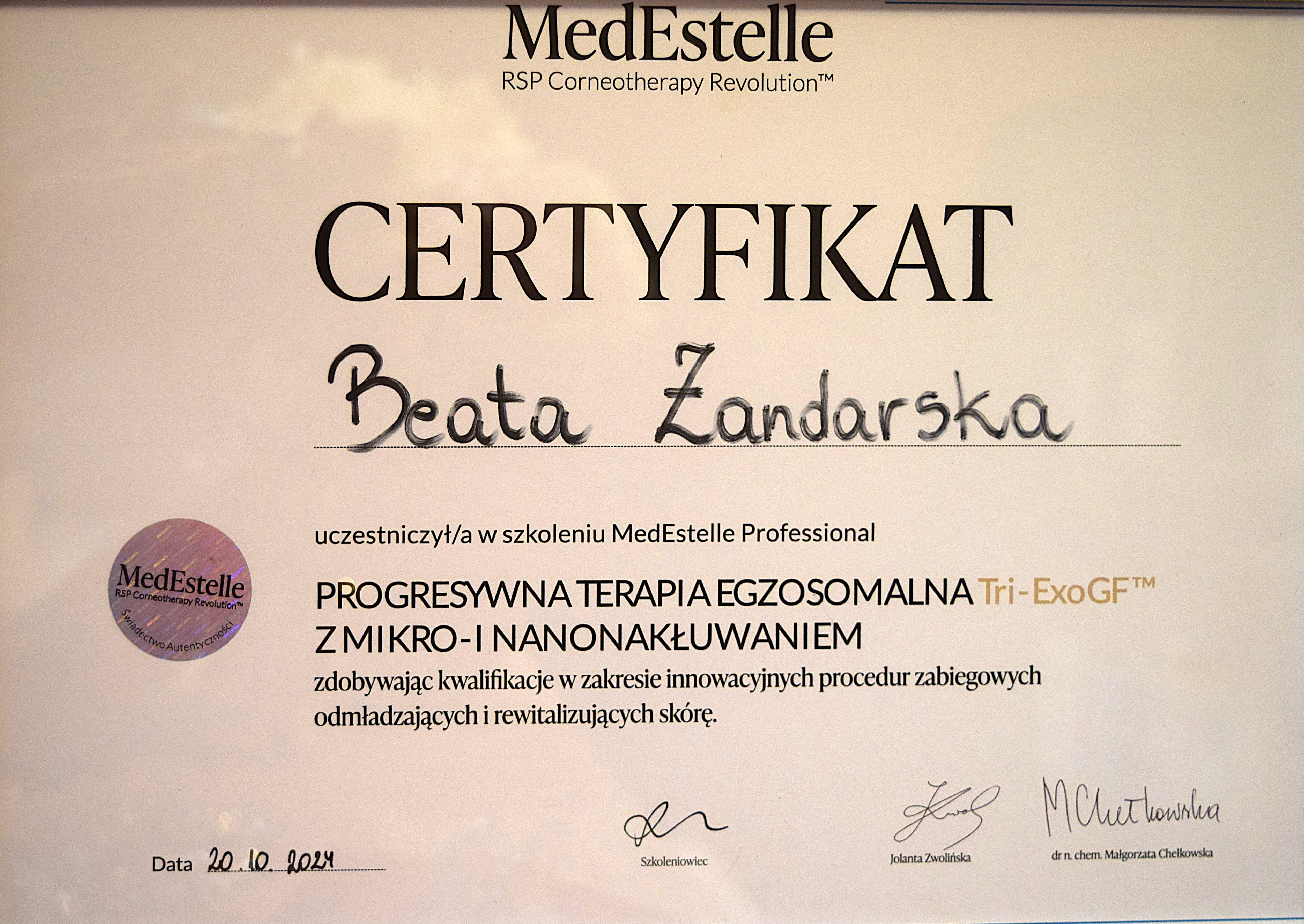 Certyfikat MedEstelle Professional - terapia egzosomalna Tri-ExoGF
