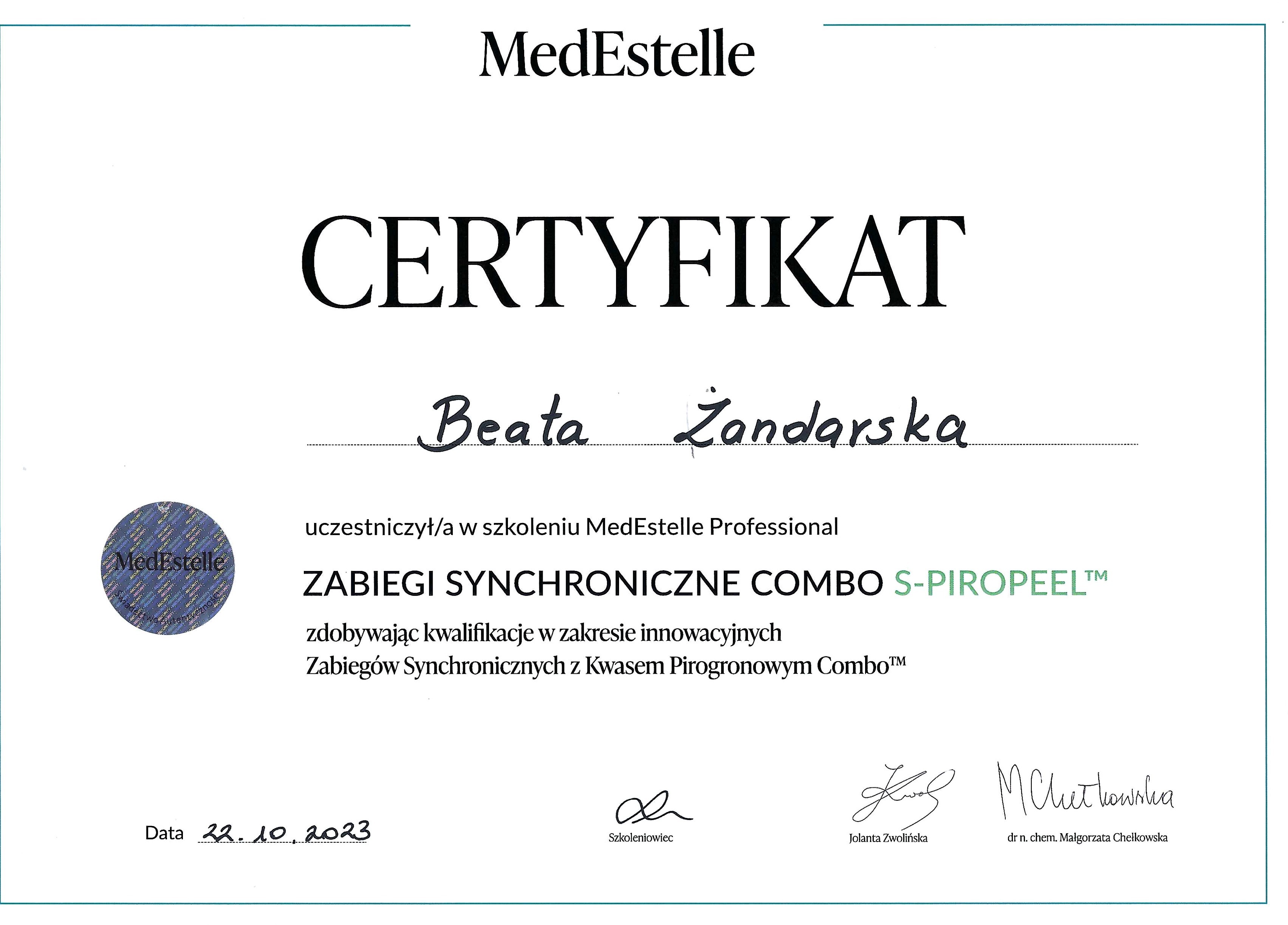 Certyfikat MedEstelle Professional - Combo S-Piropeel