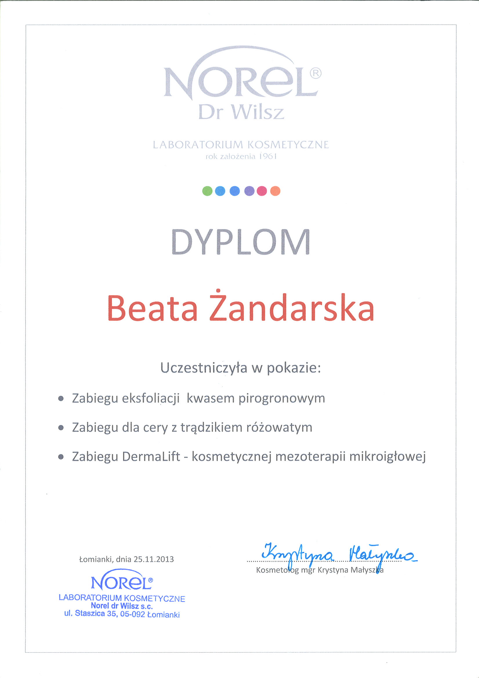 Dyplom Norel Dr Wilsz - DermaLift i peelingi pirogronowe