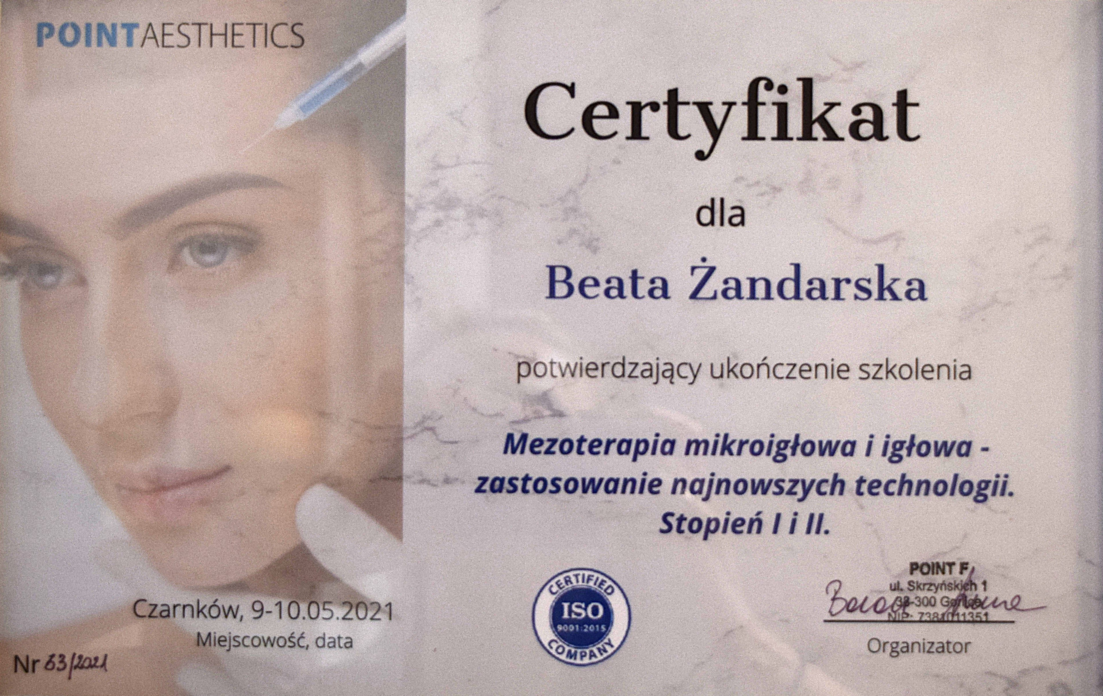 Certyfikat Point Aesthetics - mezoterapia mikroigłowa i igłowa stopień I i II