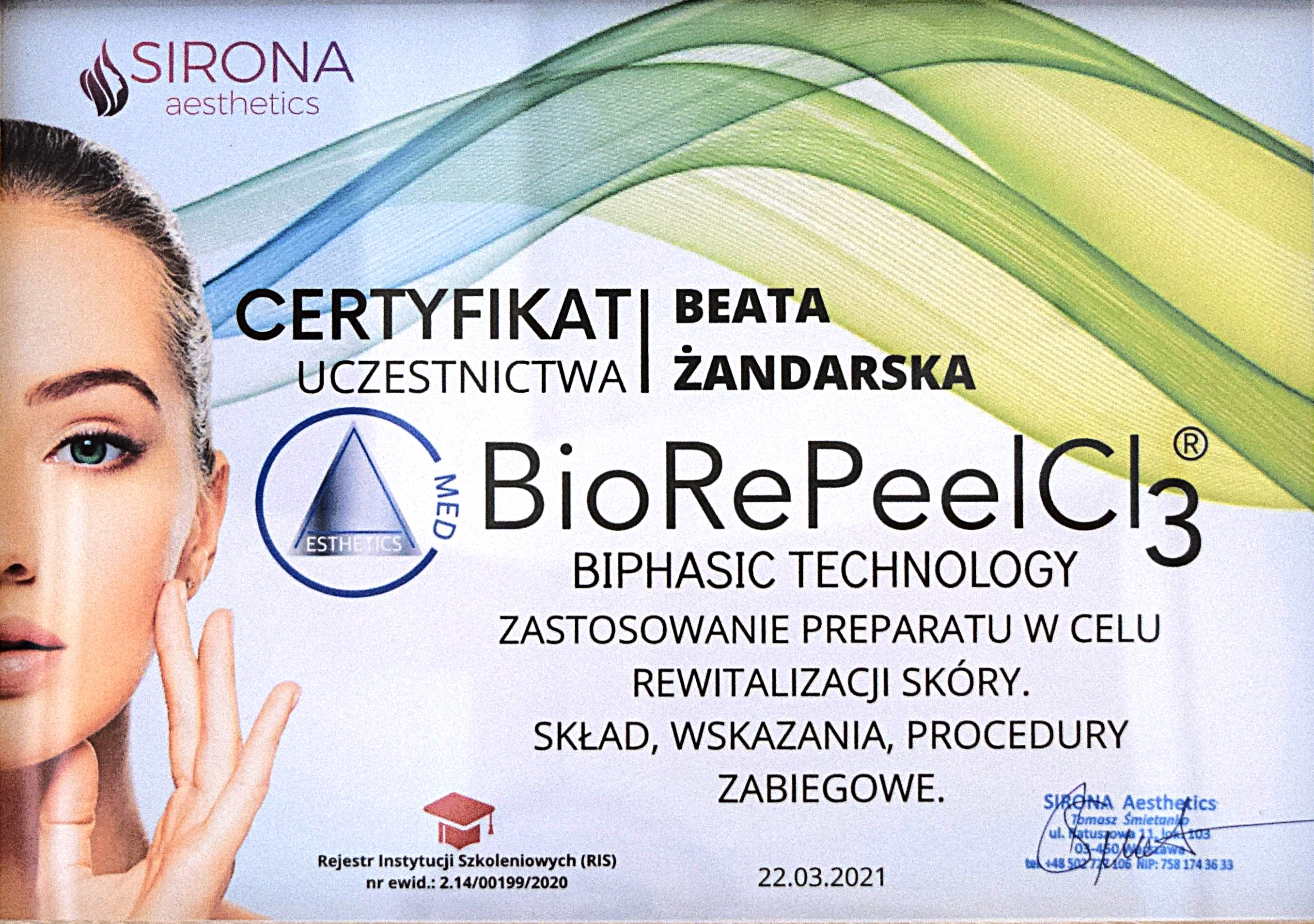 Certyfikat Sirona Aesthetics - BioRePeel Cl3 Biphasic Technology