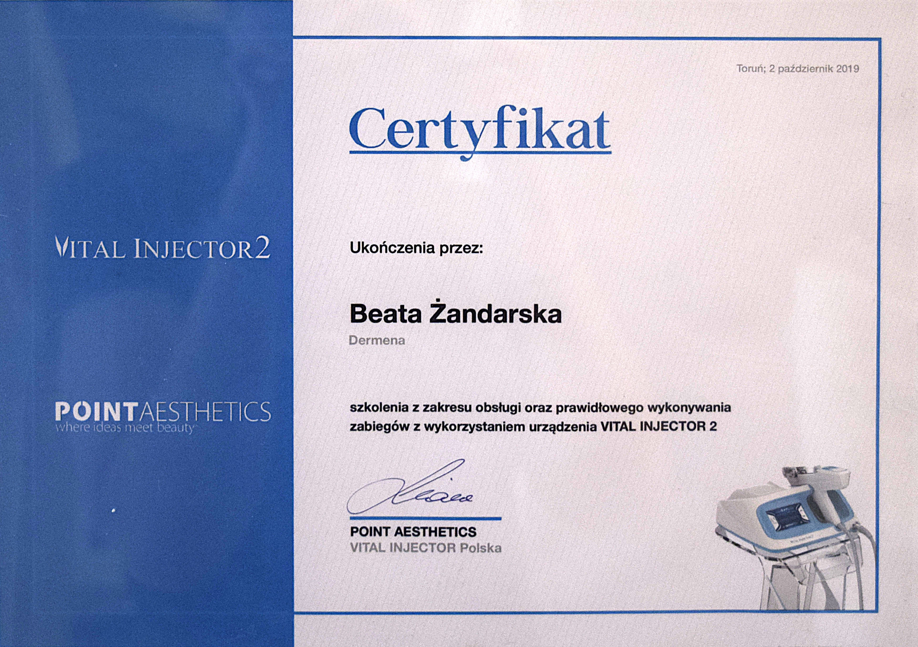 Certyfikat Point Aesthetics - Vital Injector 2